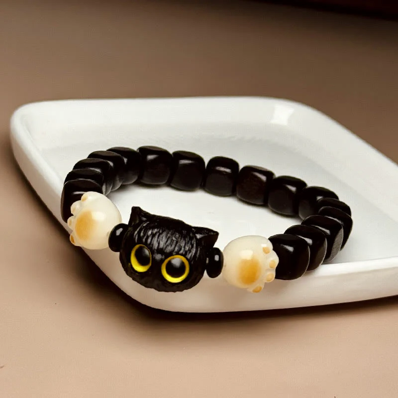 Braccialetto della pace con Buddha Stones, in legno di ebano e semi di Bodhi, con gatto carino