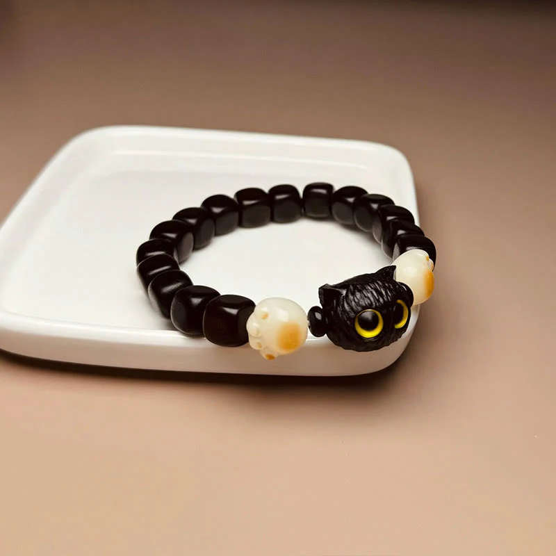 Braccialetto della pace con Buddha Stones, in legno di ebano e semi di Bodhi, con gatto carino - Image 8