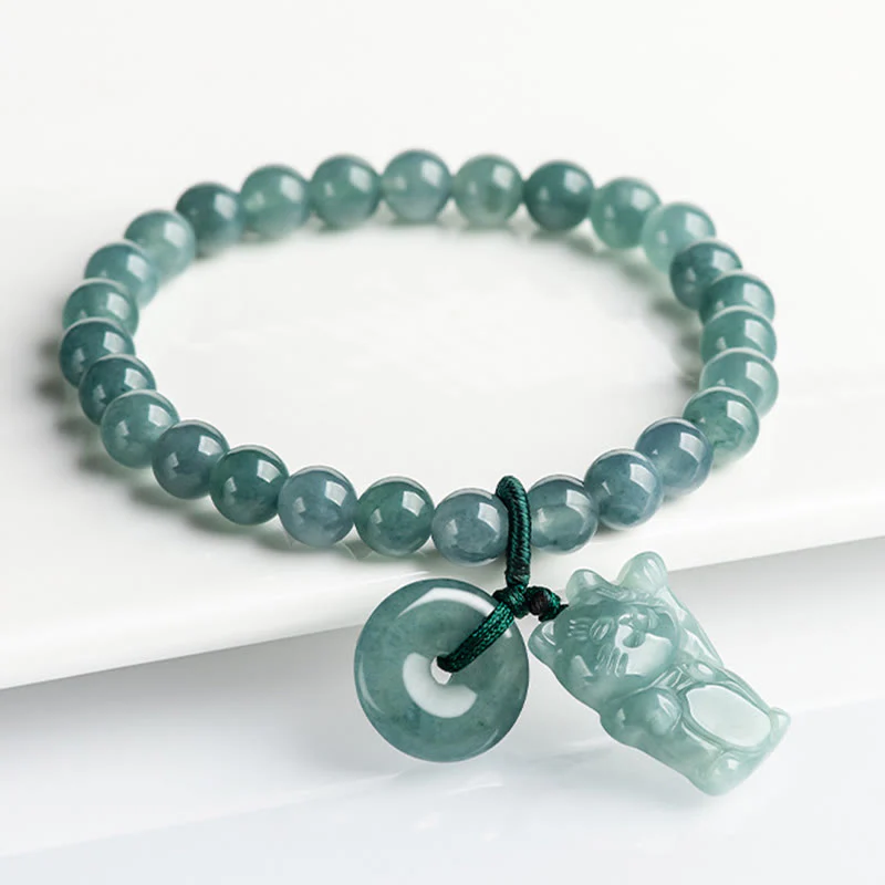 Braccialetto della prosperità con fibbia della pace in giada blu Buddha Stones e gatto fortunato