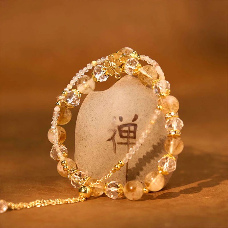 Braccialetto della prosperità con perline di vetro citrino naturale Buddha Stones Flower Multiple Layers - Image 2