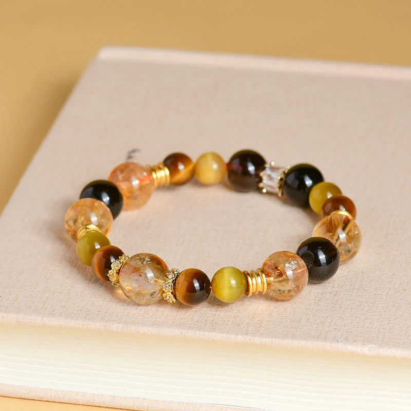 Braccialetto della prosperità in cristallo Duobao con occhio di tigre, quarzo fumé naturale citrino Buddha Stones - Image 2