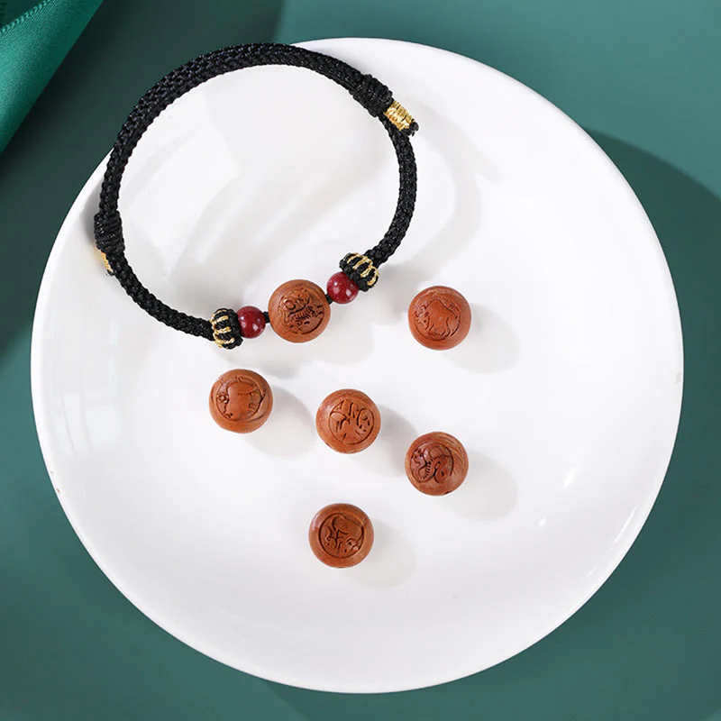 Braccialetto della ricchezza in cinabro intagliato con carattere dello zodiaco cinese Fu in legno di pesca naturale Buddha Stones - Image 14