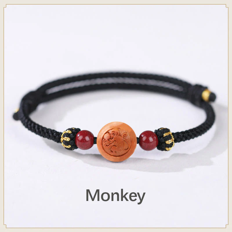 Braccialetto della ricchezza in cinabro intagliato con carattere dello zodiaco cinese Fu in legno di pesca naturale Buddha Stones - Image 24