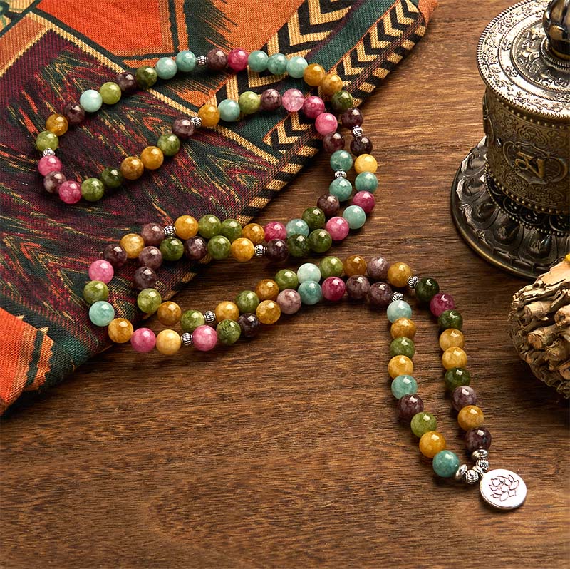 Braccialetto della saggezza del loto con 108 perline mala multistrato in tormalina naturale Buddha Stones - Image 3