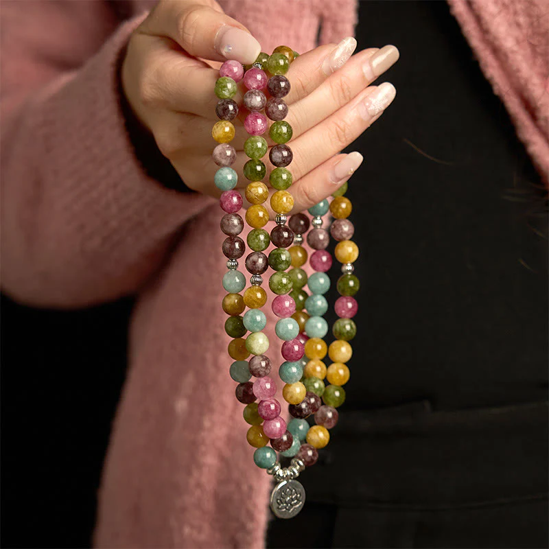 Braccialetto della saggezza del loto con 108 perline mala multistrato in tormalina naturale Buddha Stones - Image 4