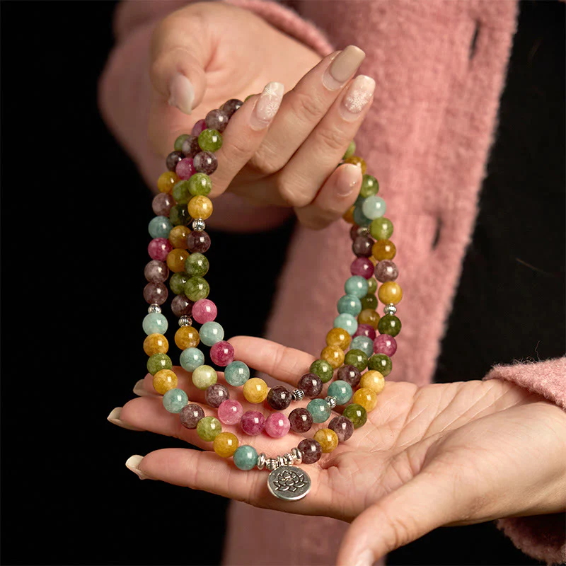 Braccialetto della saggezza del loto con 108 perline mala multistrato in tormalina naturale Buddha Stones - Image 5
