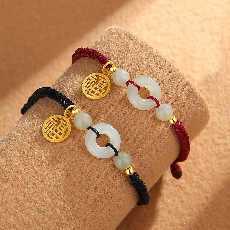 Braccialetto dell'abbondanza con ciondolo a forma di carattere Fu, fibbia della pace in argento sterling 925 con Buddha Stones e giada di Hetian - Image 5