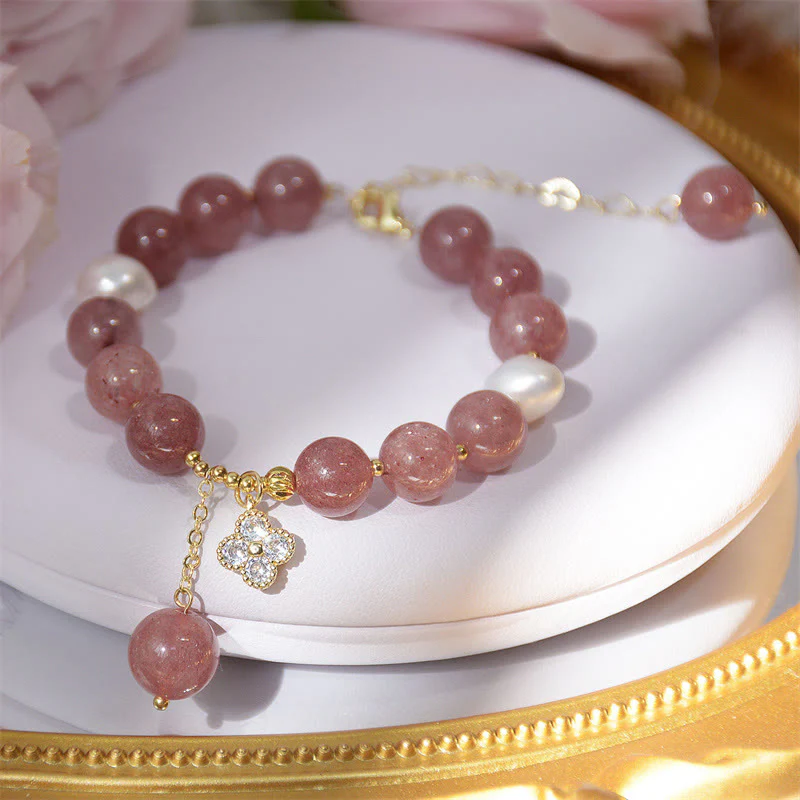 Braccialetto dell'amore con quadrifoglio a quattro foglie di perle di quarzo fragola naturale Buddha Stones - Image 3
