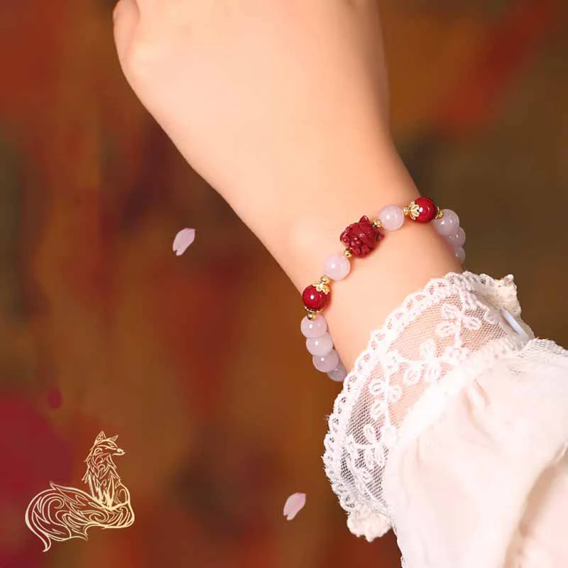 Braccialetto dell'amore con volpe a nove code in cristallo rosa naturale Buddha Stones Cinnabar - Image 8