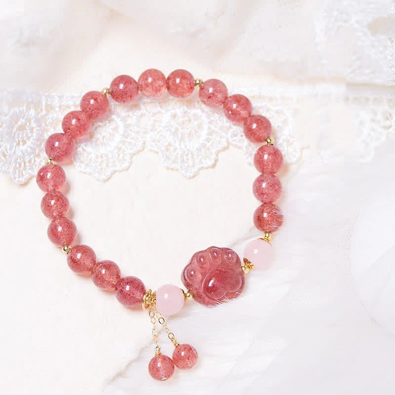 Braccialetto dell'amore con zampa di gatto portafortuna in cristallo rosa e quarzo fragola naturale Buddha Stones