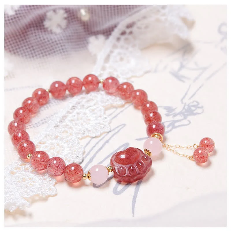 Braccialetto dell'amore con zampa di gatto portafortuna in cristallo rosa e quarzo fragola naturale Buddha Stones - Image 2