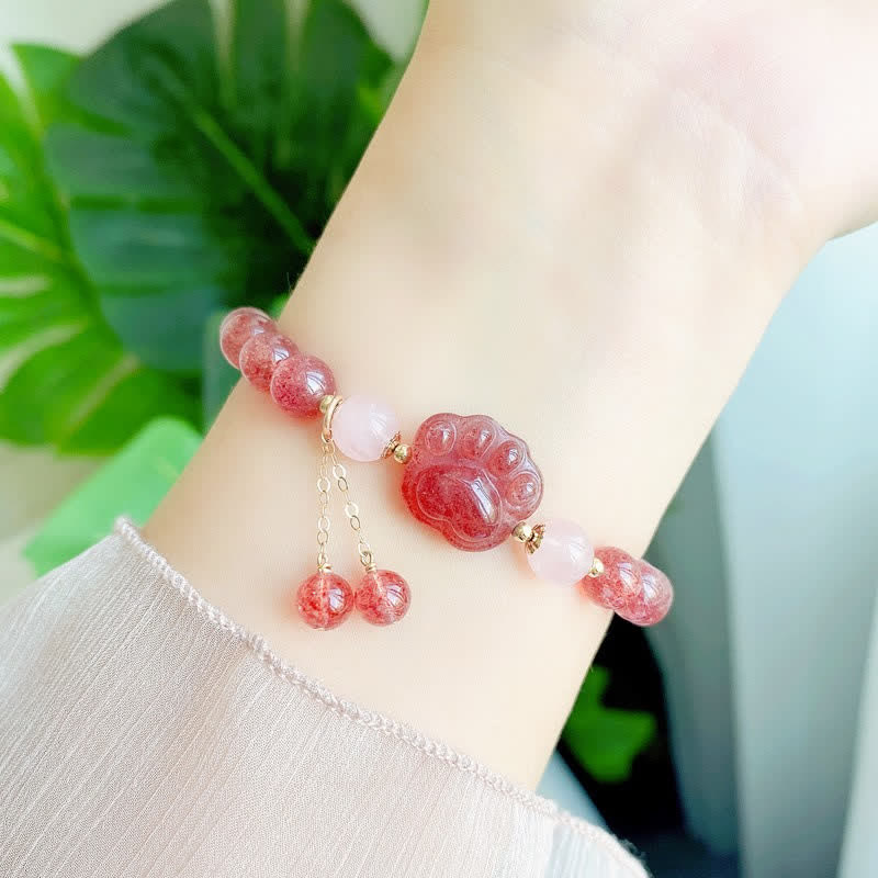 Braccialetto dell'amore con zampa di gatto portafortuna in cristallo rosa e quarzo fragola naturale Buddha Stones - Image 3
