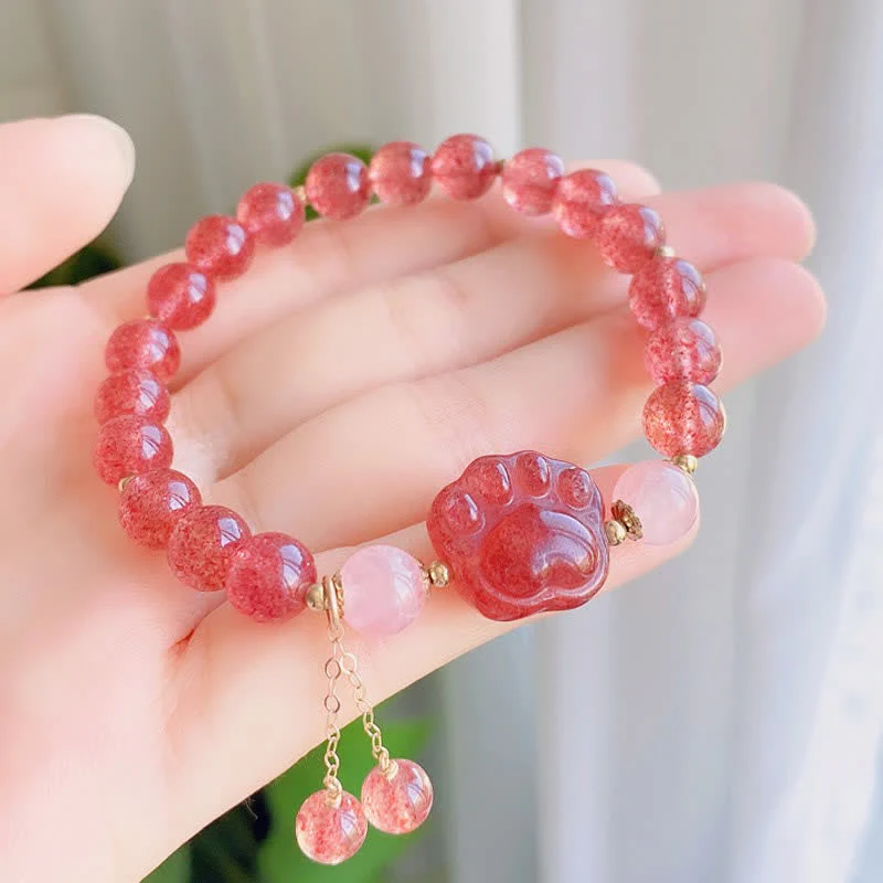 Braccialetto dell'amore con zampa di gatto portafortuna in cristallo rosa e quarzo fragola naturale Buddha Stones - Image 4