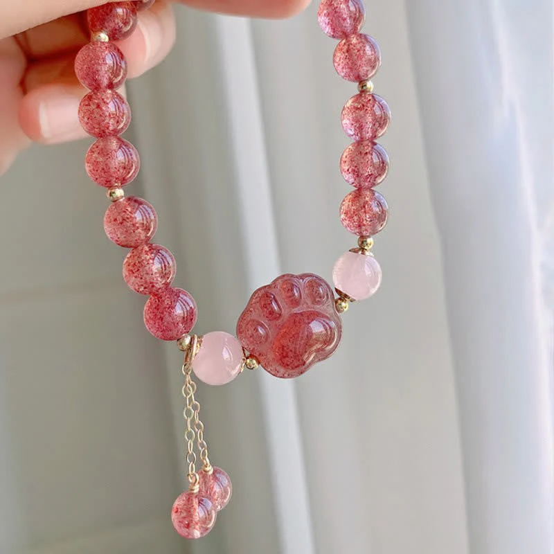 Braccialetto dell'amore con zampa di gatto portafortuna in cristallo rosa e quarzo fragola naturale Buddha Stones - Image 5