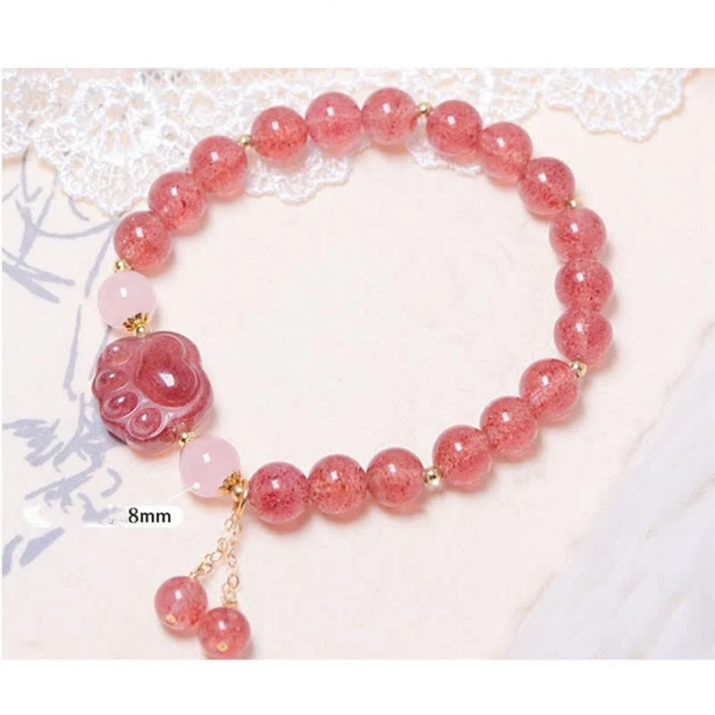 Braccialetto dell'amore con zampa di gatto portafortuna in cristallo rosa e quarzo fragola naturale Buddha Stones - Image 6