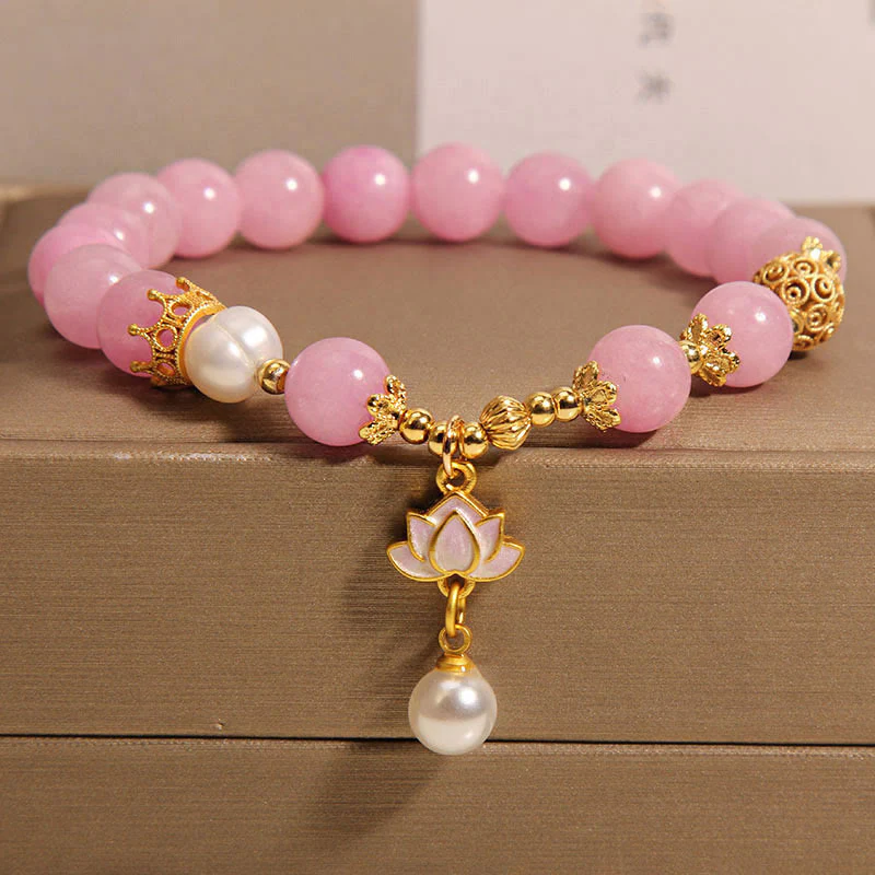 Bracciale dell'armonia con ciondolo di loto in perla di quarzite rosa Buddha Stones