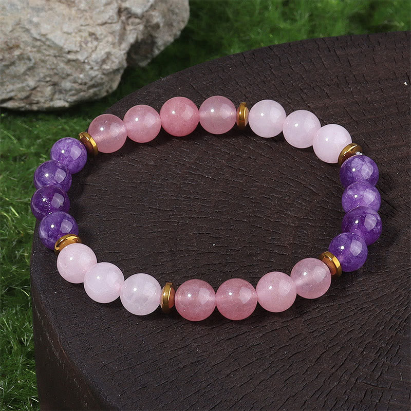 Braccialetto di amore e pace con perline di cristallo rosa, quarzo fragola, ametista e Buddha Stones