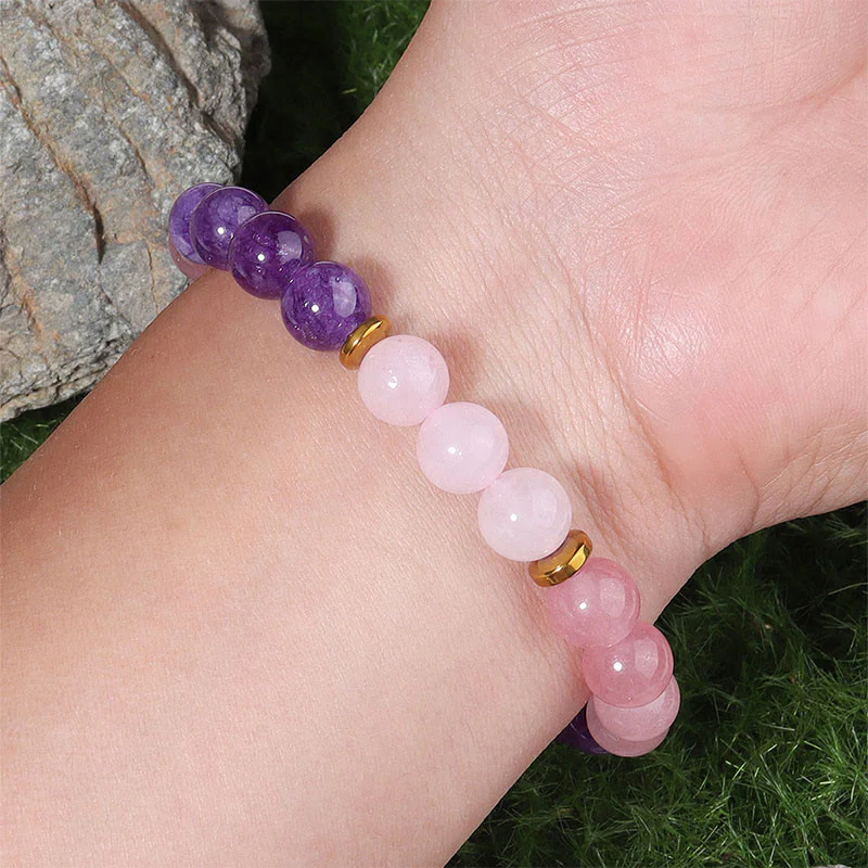 Braccialetto di amore e pace con perline di cristallo rosa, quarzo fragola, ametista e Buddha Stones - Image 4