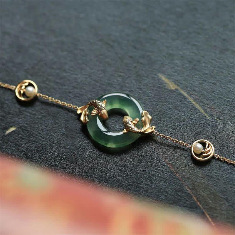 Braccialetto di armonia curativa con pesce koi in giada ciano Buddha Stones - Image 2