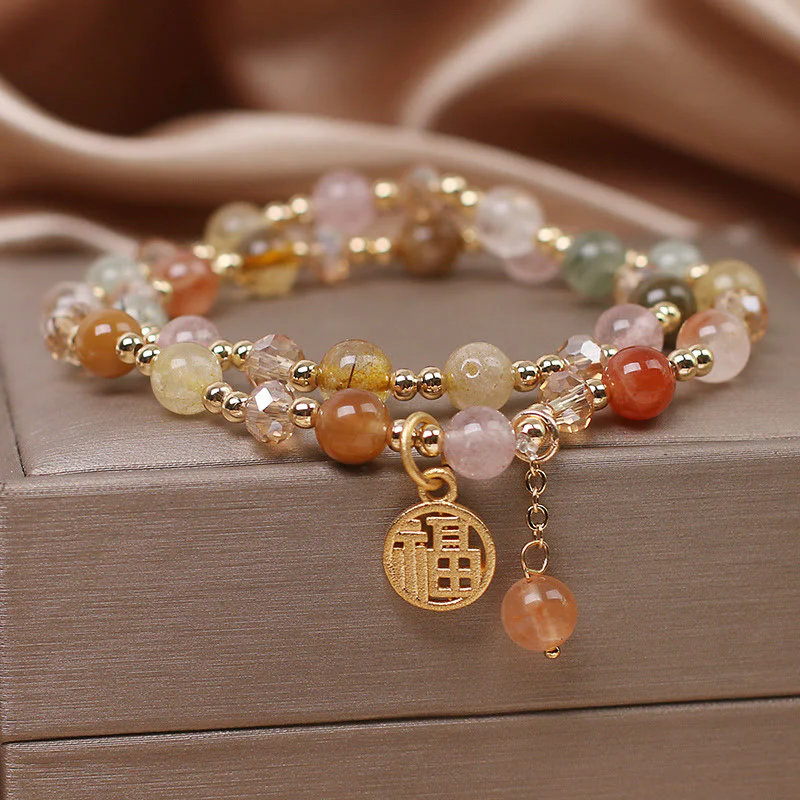 Braccialetto di auspicio con carattere Fu in quarzo rutilato multicolore Buddha Stones - Image 4