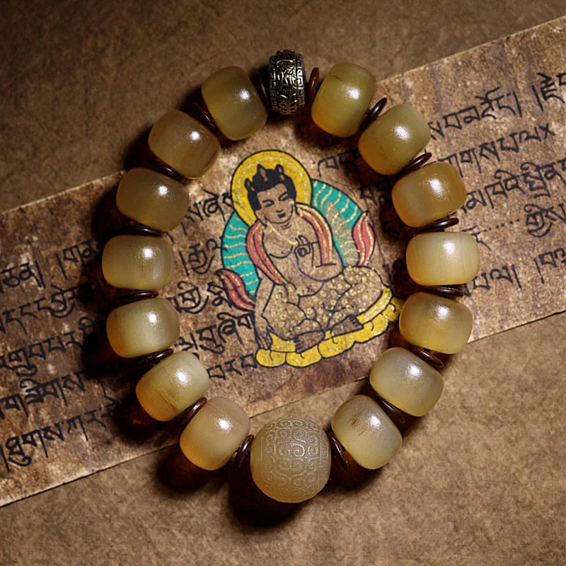 Braccialetto di auspicio Om Mani Padme Hum in corno di pecora tibetano fatto a mano con Buddha Stones