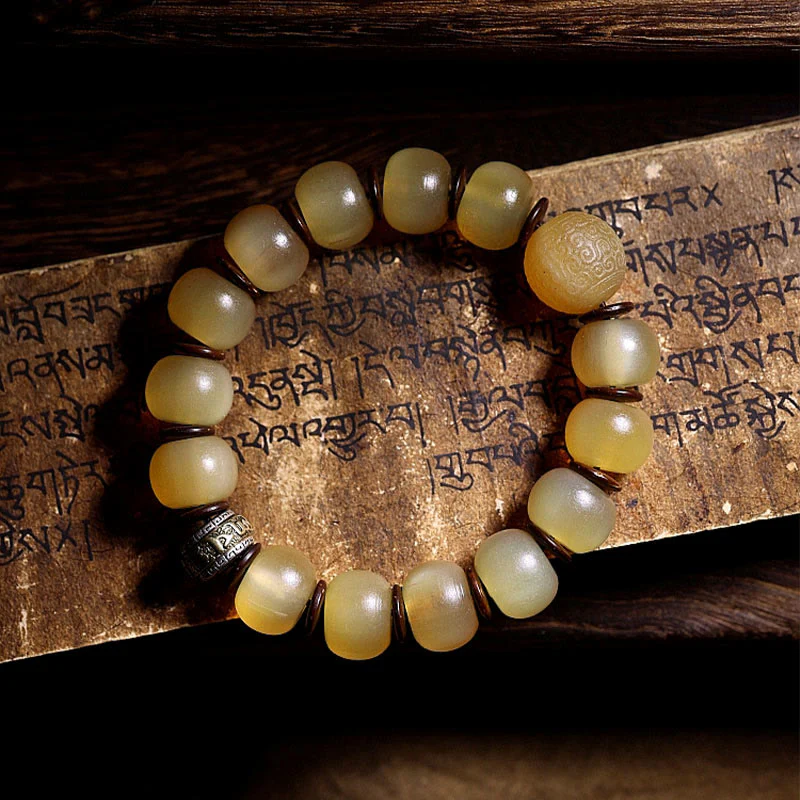 Braccialetto di auspicio Om Mani Padme Hum in corno di pecora tibetano fatto a mano con Buddha Stones - Image 3