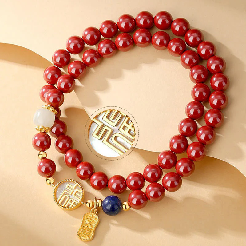 Braccialetto di benedizione a doppio giro con carattere Fu, in argento sterling 925, cinabro e tridacna in pietra Buddha Stones - Image 6