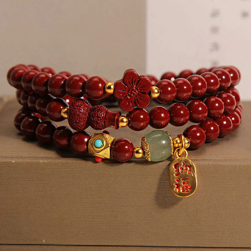 Braccialetto di benedizione a triplo giro con carattere Fu, fiore di zucca e Buddha Stones