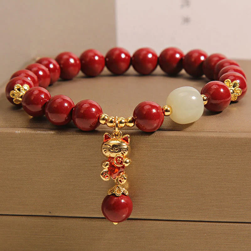Braccialetto di benedizione con ciondolo gatto portafortuna naturale Buddha Stones Cinnabar - Image 2