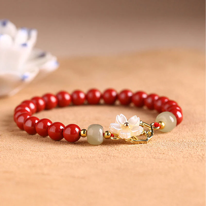Braccialetto di benedizione con fiore di pietra di tridacna con perline di giada naturale di cinabro Buddha Stones - Image 11