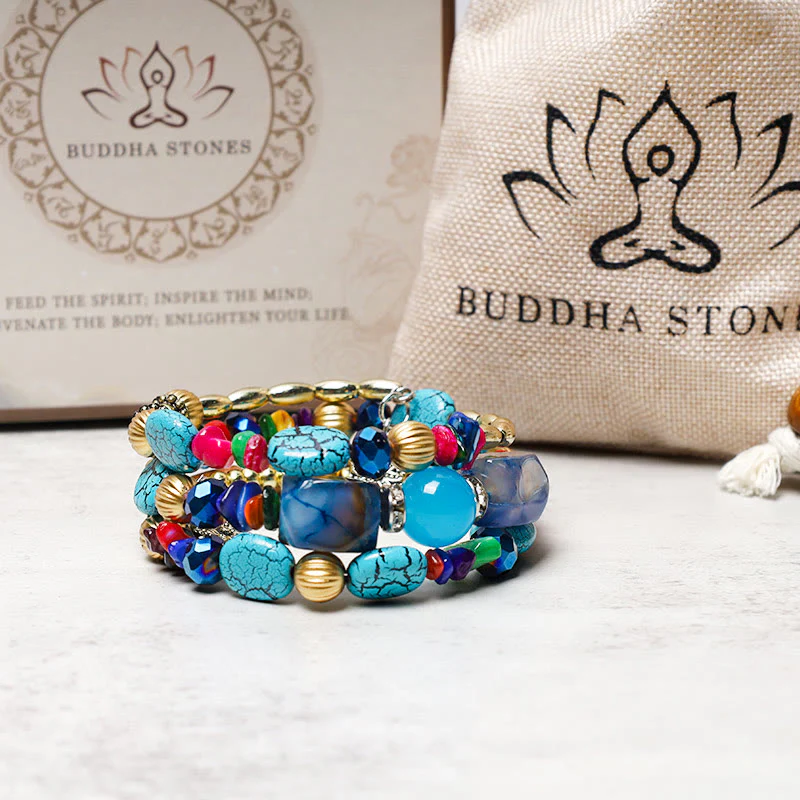 Braccialetto di benedizione con perline di agata turchese irregolare multistrato Buddha Stones - Image 5