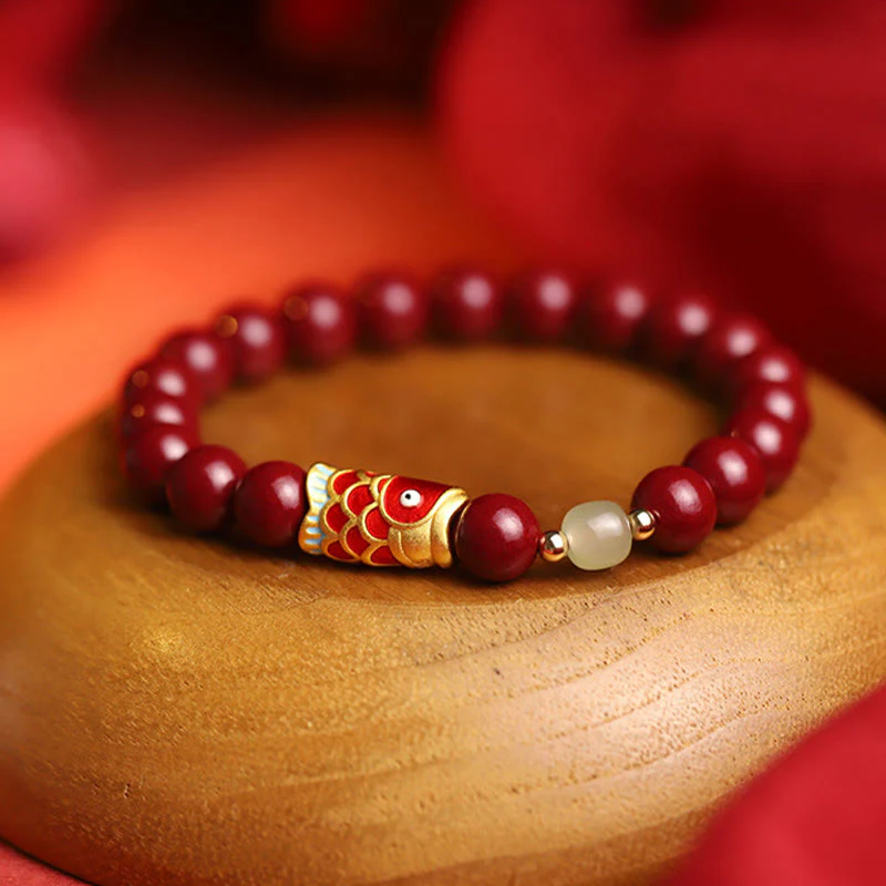 Braccialetto di benedizione con perline di giada Hetian, cinabro naturale, pesce koi fortunato, Buddha Stones - Image 3