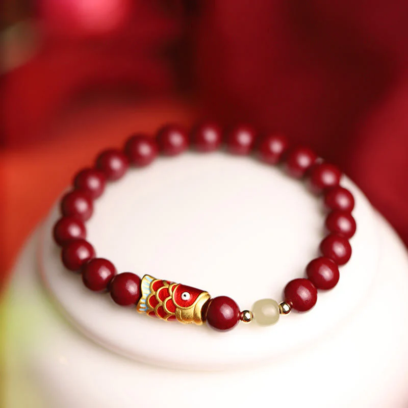 Braccialetto di benedizione con perline di giada Hetian, cinabro naturale, pesce koi fortunato, Buddha Stones - Image 9