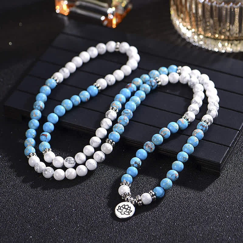 Braccialetto di benedizione del loto con 108 perle di Mala e pietra dell'imperatore turchese bianco - Image 4
