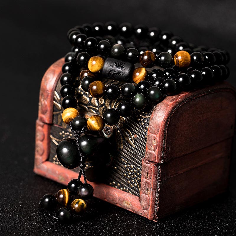 Braccialetto di benedizione di zucca di ossidiana arcobaleno di ossidiana nera naturale Buddha Stones Mala