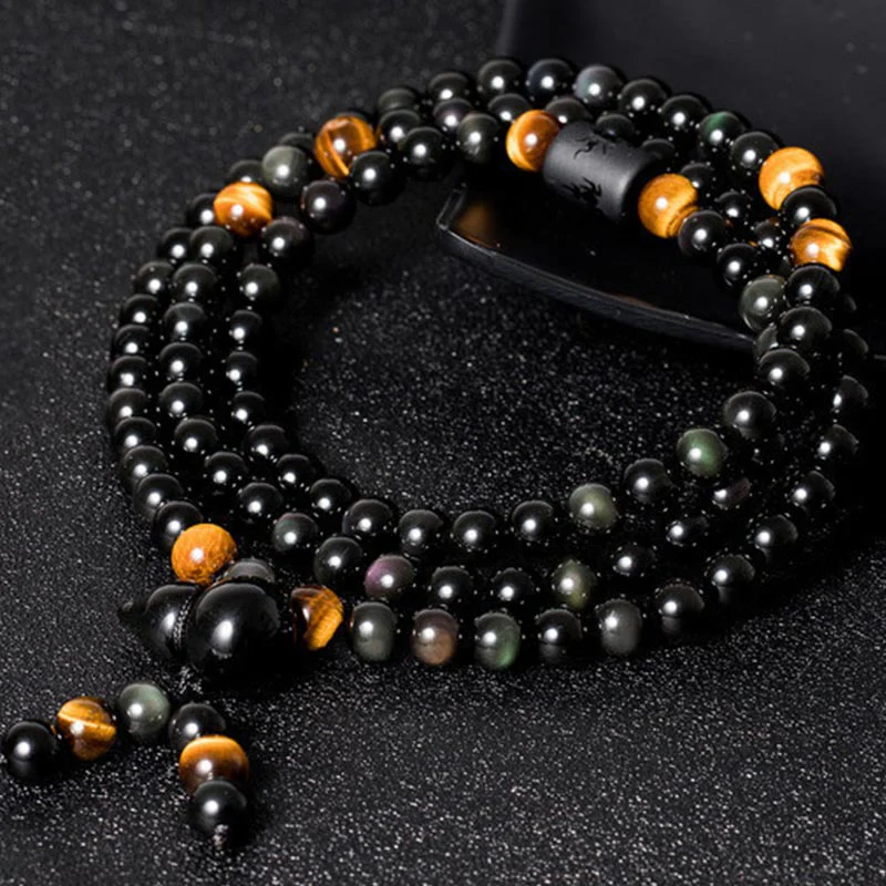 Braccialetto di benedizione di zucca di ossidiana arcobaleno di ossidiana nera naturale Buddha Stones Mala - Image 2