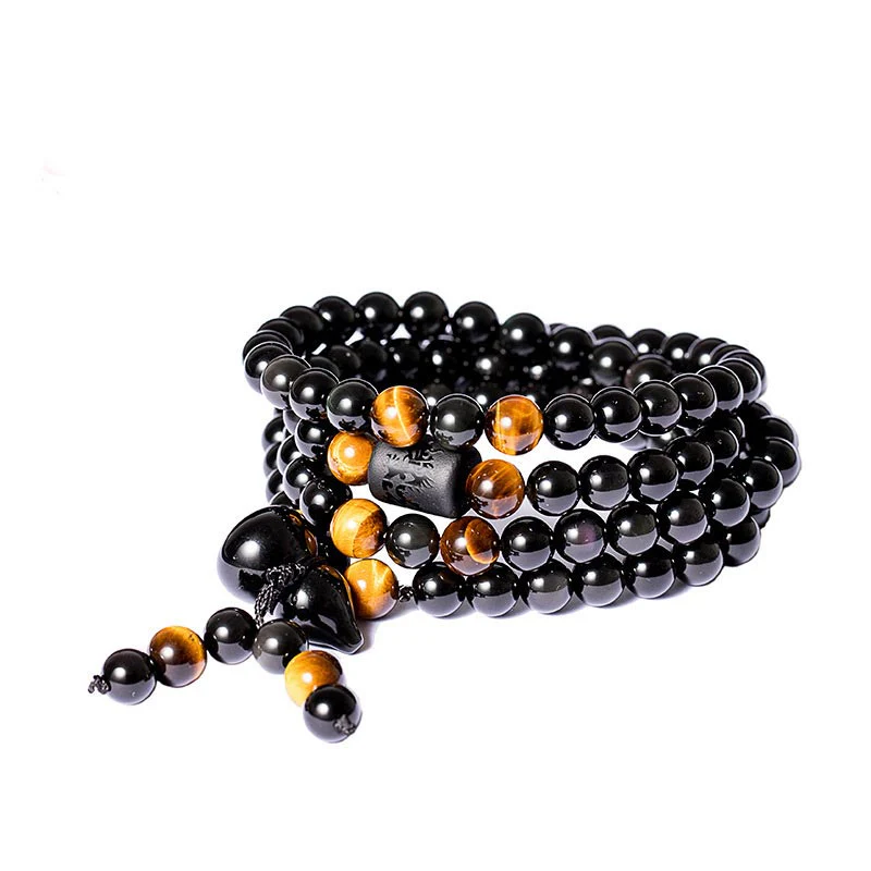 Braccialetto di benedizione di zucca di ossidiana arcobaleno di ossidiana nera naturale Buddha Stones Mala - Image 6