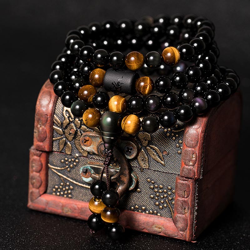 Braccialetto di benedizione di zucca di ossidiana arcobaleno di ossidiana nera naturale Buddha Stones Mala - Image 8