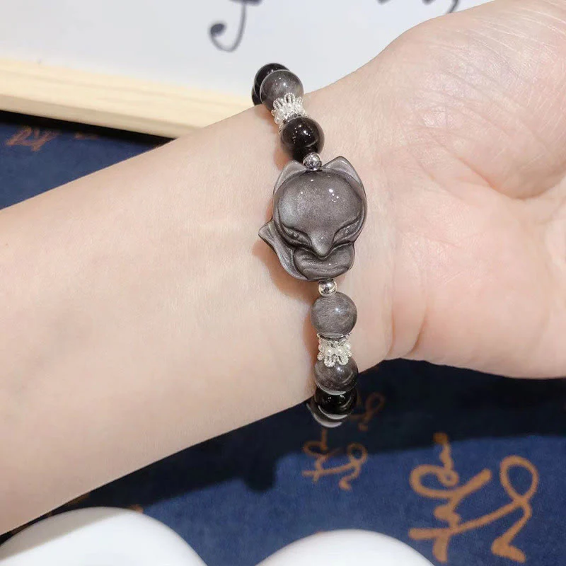 Bracciale di comunicazione Buddha Stones in argento naturale con ossidiana lucida e volpe a nove code - Image 2