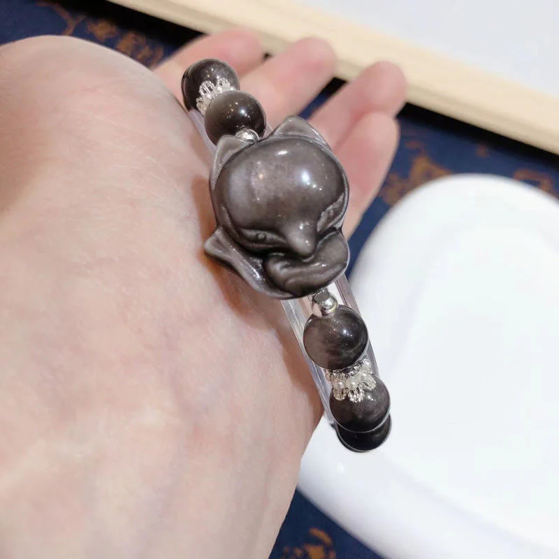 Bracciale di comunicazione Buddha Stones in argento naturale con ossidiana lucida e volpe a nove code - Image 3