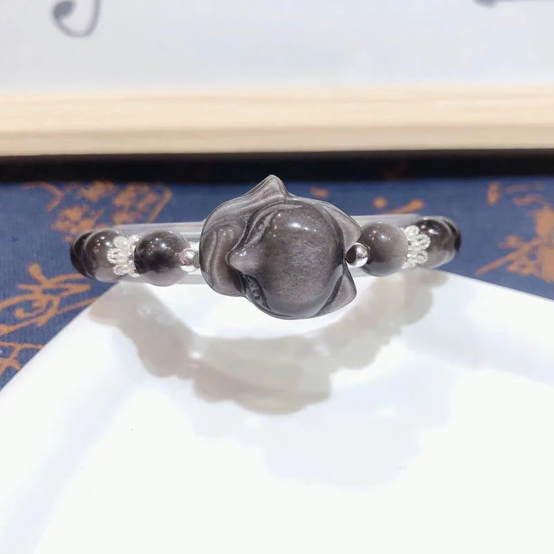 Bracciale di comunicazione Buddha Stones in argento naturale con ossidiana lucida e volpe a nove code - Image 4