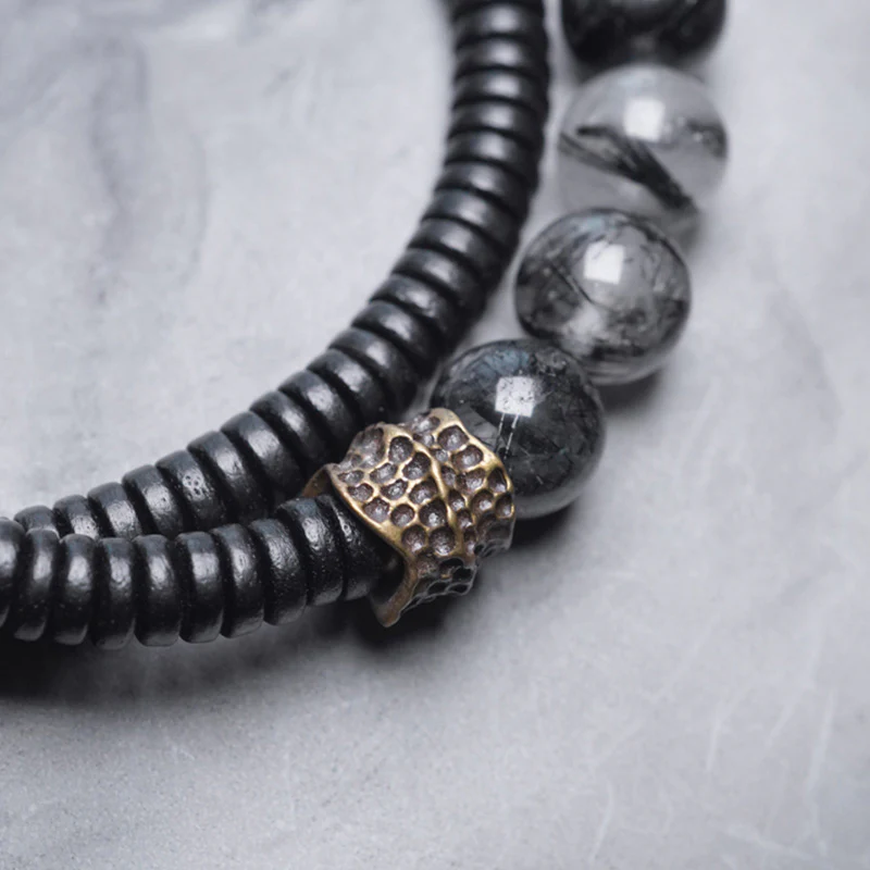 Braccialetto di coppia della saggezza del rame del legno di ebano del quarzo rutilato nero Buddha Stones - Image 10