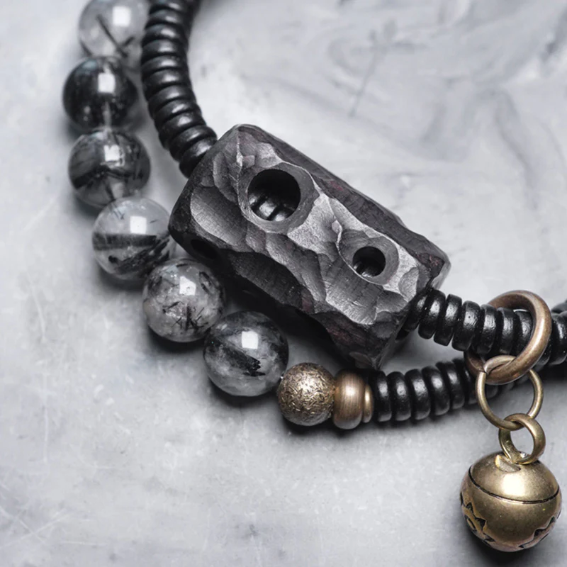 Braccialetto di coppia della saggezza del rame del legno di ebano del quarzo rutilato nero Buddha Stones - Image 11