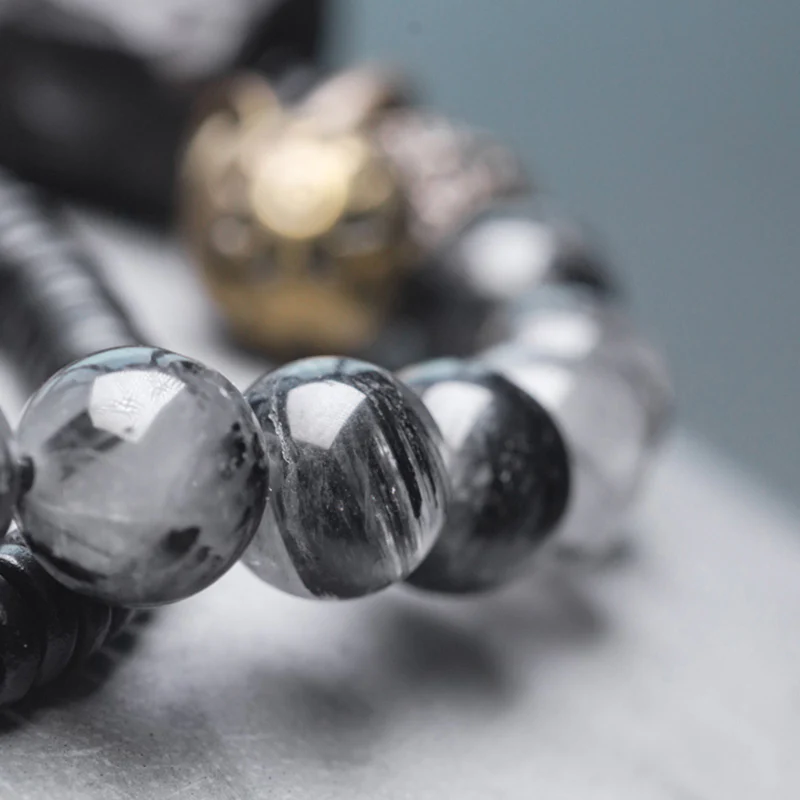 Braccialetto di coppia della saggezza del rame del legno di ebano del quarzo rutilato nero Buddha Stones - Image 9