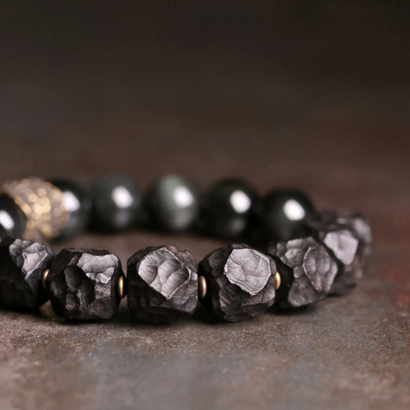 Braccialetto di coppia forza in rame, legno di ebano e ossidiana nera Buddha Stones - Image 10