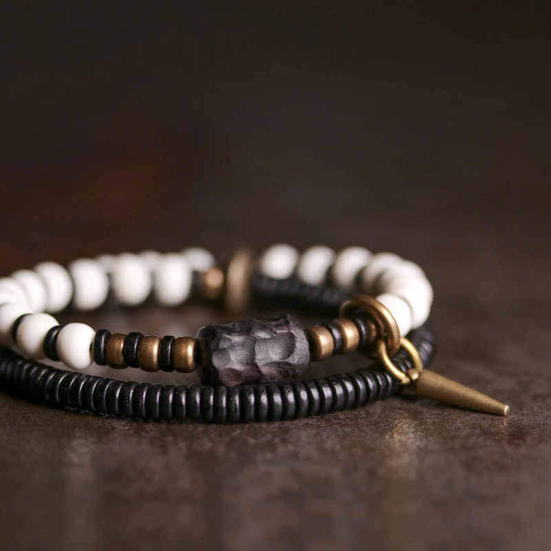 Braccialetto di coppia con perline di osso, ebano, Buddha Stones e rame - Image 7