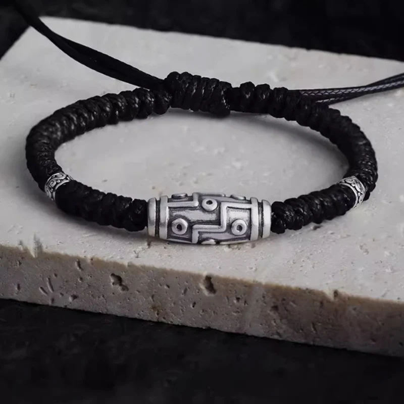 Braccialetto di corda della benedizione con perline Dzi a nove occhi in argento sterling 999 Buddha Stones