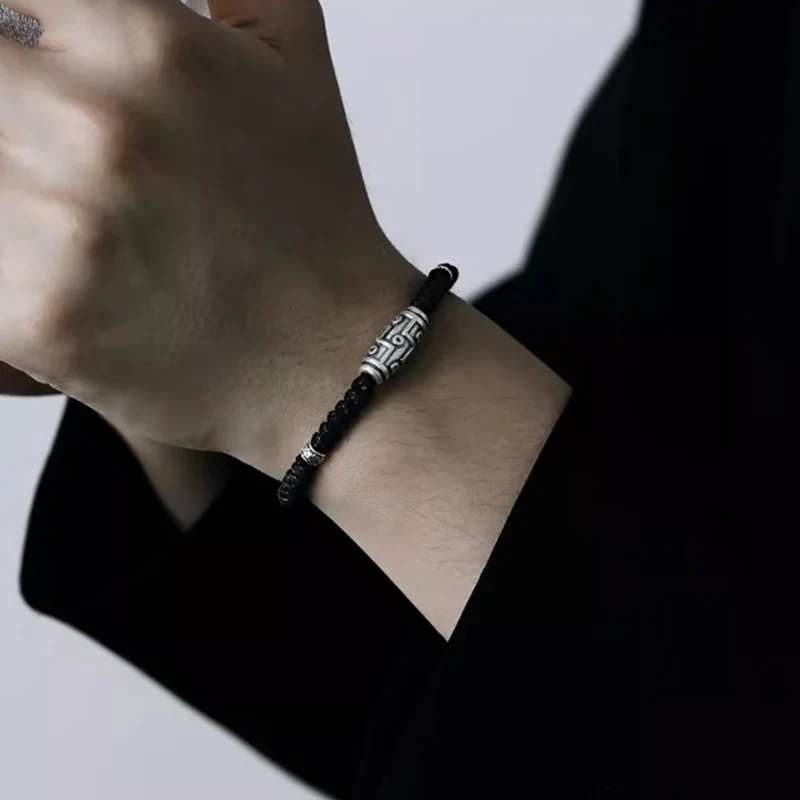 Braccialetto di corda della benedizione con perline Dzi a nove occhi in argento sterling 999 Buddha Stones - Image 11