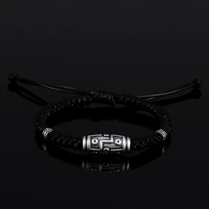 Braccialetto di corda della benedizione con perline Dzi a nove occhi in argento sterling 999 Buddha Stones - Image 15