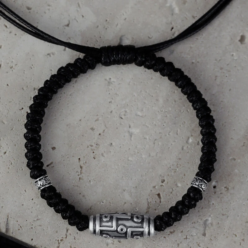 Braccialetto di corda della benedizione con perline Dzi a nove occhi in argento sterling 999 Buddha Stones - Image 16